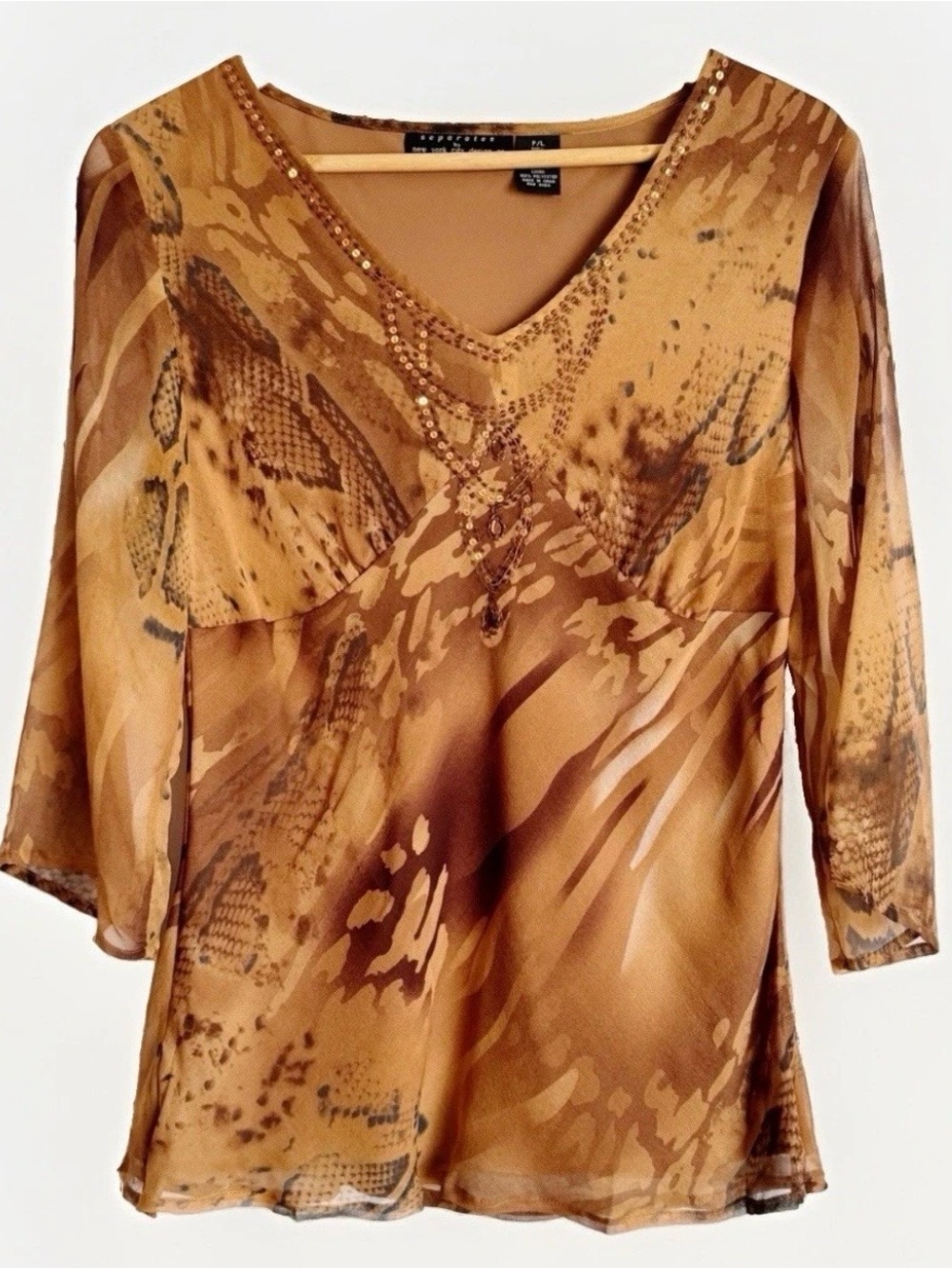 Separates By NY Silk Sheer Amber Brown Sequin Top Size LP Fall Milkmaid Fairy